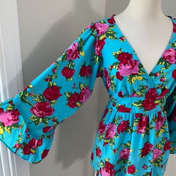 Betsey Johnson Womens Small Floral Blouse Bell Sleeves V Neck Waist Tie Top - Picture 3 of 9